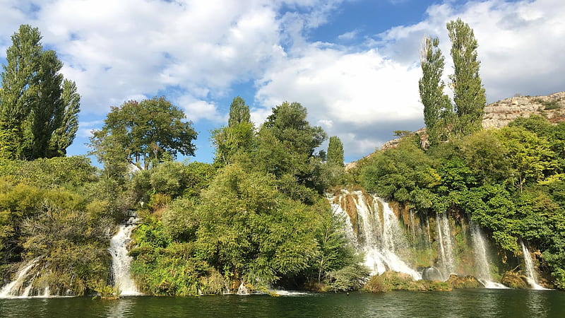 Waterfalls in Krka National Park in Croatia, river, sky, trees, landscape, clouds, HD wallpaper