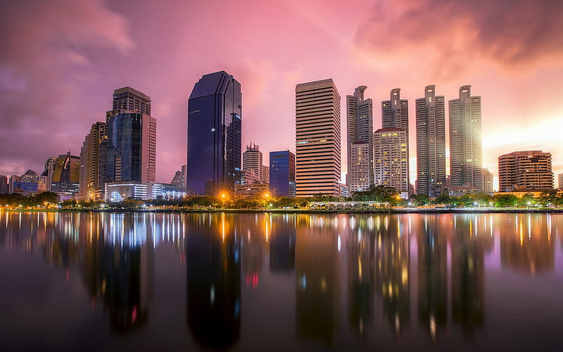 Bangkok, sunset, skyscrapers, modern buildings, cityscape, Thailand, HD wallpaper