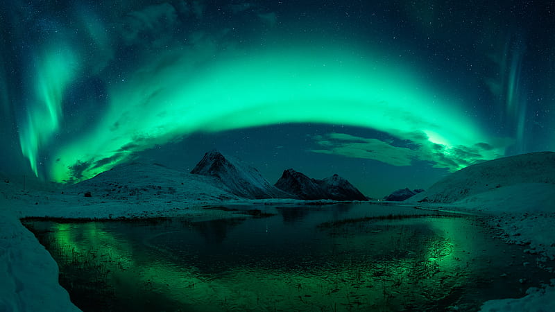 Earth, Aurora Borealis, Lake, Mountain, Night, Sky, Snow, Winter, HD wallpaper