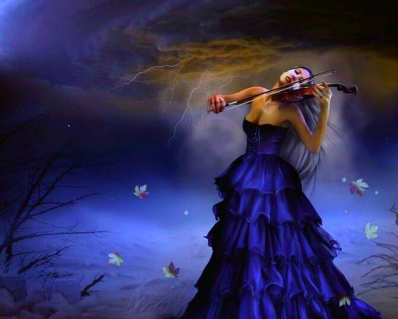 Midnight Serenade, art, fantasy, violin, woman, HD wallpaper