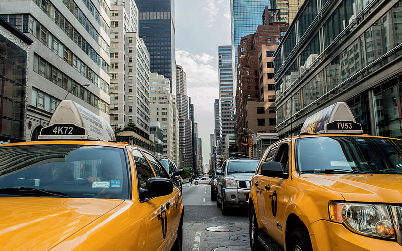 New York yellow taxi, street, skyscrapers, USA, NYC, America, HD wallpaper