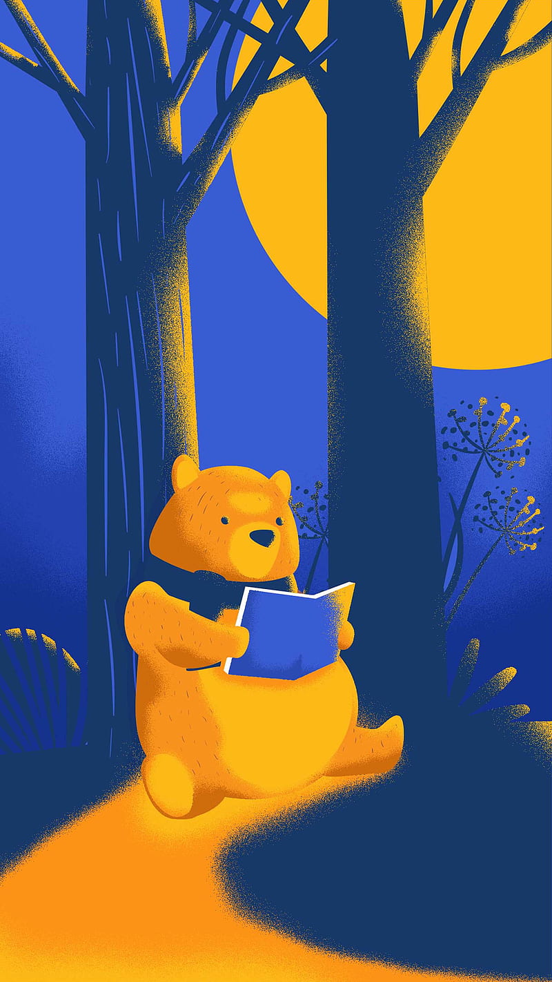 read bear, animal, cute, desenho, graphic, illustration, nature, night, reading, vector, HD phone wallpaper