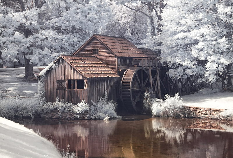 Infrared of Mabry Mill, Virginia, river, watermill, reflection, trees, HD wallpaper