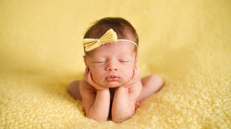 Cute Baby Is Sleeping On Yellow Towel Holding Face With Hands Cute, HD wallpaper