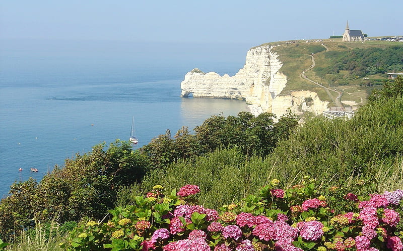 Etretat, Normandy, France, shore, flowers, church, landscape, sea, HD wallpaper