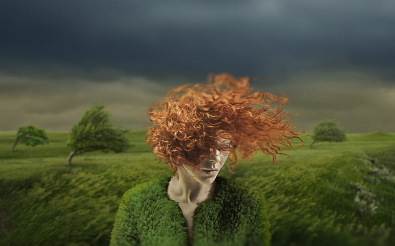 redhead, wind, creative, woman, storm, tree, girl, green, manipulation, field, HD wallpaper