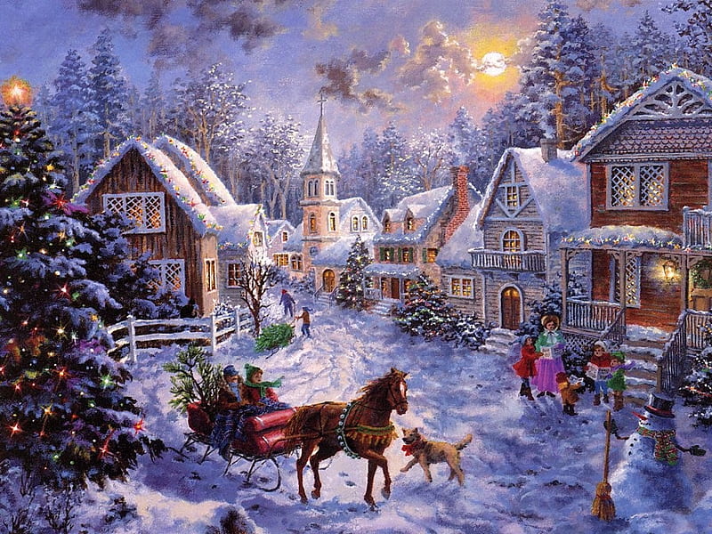 Holiday Sleigh Ride at Dusk, holidays, christmas, town, dusk, lovely xmas scene, sleigh ride, x-mas, xmas, winter, cold, merry christmas, feast, HD wallpaper