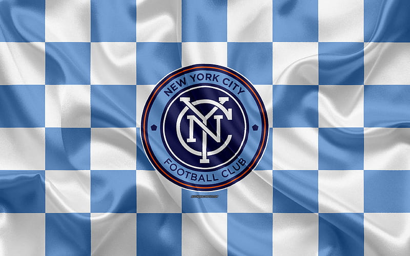 New York City FC logo, creative art, blue and white checkered flag, American Soccer club, MLS, emblem, silk texture, New York, USA, football, Major League Soccer, HD wallpaper