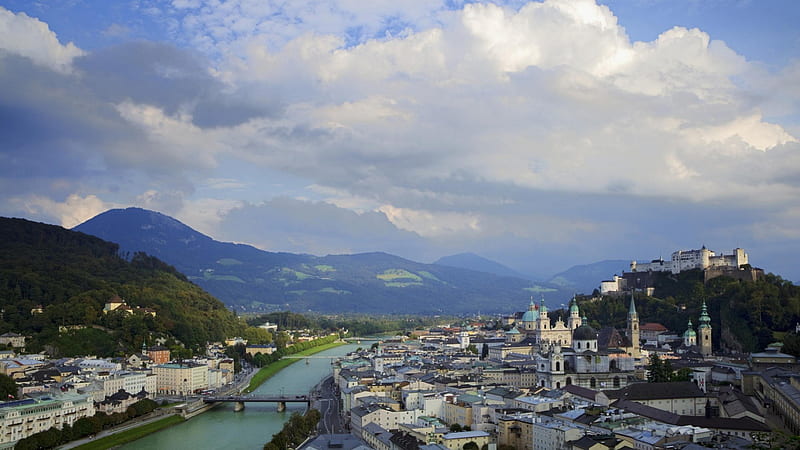 beautiful salzach river in salzburg austria, city, rive, mountains, bridges, clouds, HD wallpaper
