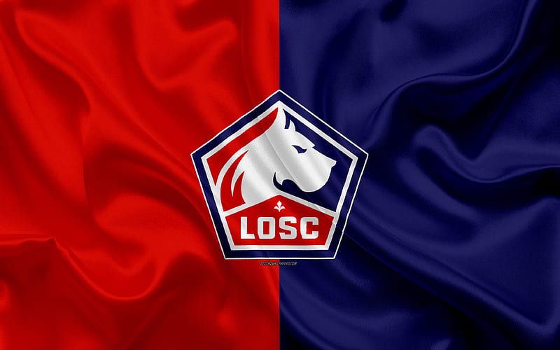 Lille OSC, new logo silk texture, new emblem, French football club, red blue flag, France, football, Lille Olympique Sporting Club, HD wallpaper