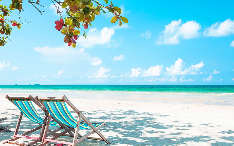 coast ocean, beach, tropical island, chaise lounges, relaxation, relax concepts, summer travel, HD wallpaper