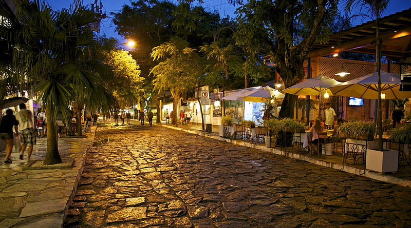 nightlife on a brazilian cobblestone street, cafes, stones, trees, street, lights, night, HD wallpaper