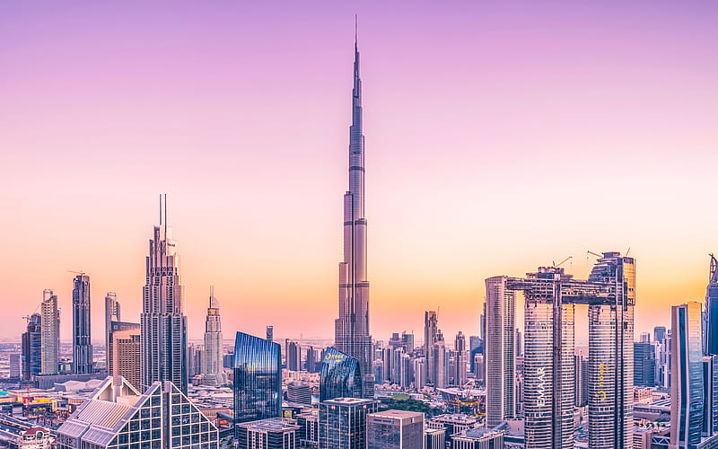 Burj Khalifa sunset, cityscapes, skyscrapers, United Arab Emirates, Dubai, UAE, HD wallpaper