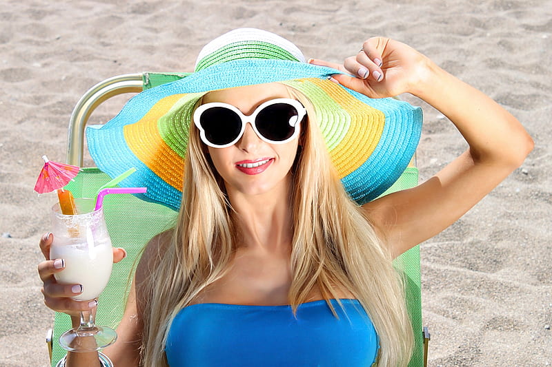 Dreaming of summer, swimsuit, sun, umbrella, yellow, woman, sunglasses, sand, green, hot, drink, pink, blue, cocktail, model, colors, blonde, hat, summer, HD wallpaper