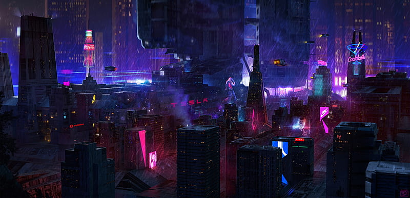 cyberpunk city, futuristic neon city, skyscrapers, lights, flying cars, artwork, Sci-fi, HD wallpaper