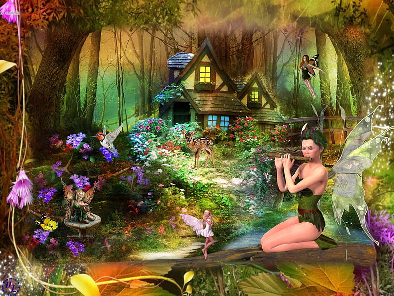 The Fairy Song, Framed Fall Fairies, Tree, Flowers, Rocks, Fae, Night, Make Believe, Pretty, Fairies, Forest, Grass, Cabin in the Woods, Nature, Fairy, Fantasy Forest, Cabin, Abstract Digital, Fairy Flute, Enchanted Forest, Fantasy, Cabin in a forest, Nighttime, Fall Colors, HD wallpaper