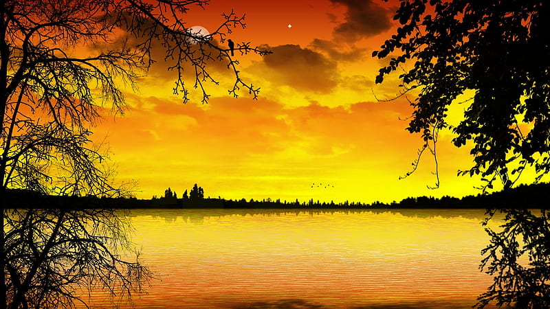 Perfect Sunset, sky, trees, lake, moon, colors, clouds, HD wallpaper