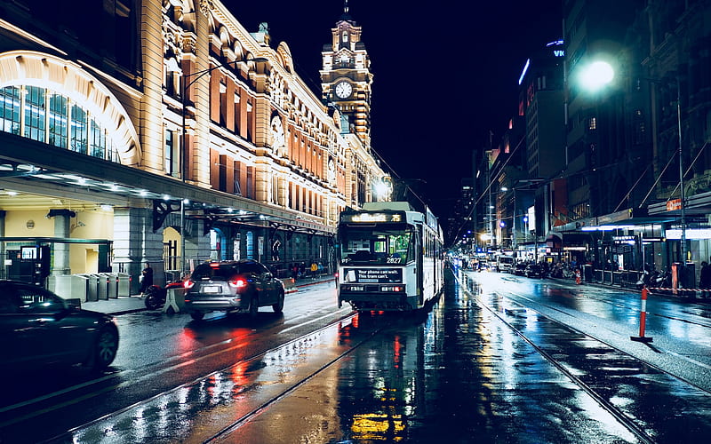 Melbourne, streets, tram, evening, city lights, Australia, HD wallpaper