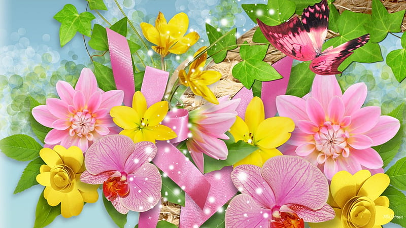 Summer Party, stars, glitter, ribbon, shine, yellow, spring, bow, sparkle, butterfly, summer, flowers, ivy, pink, HD wallpaper
