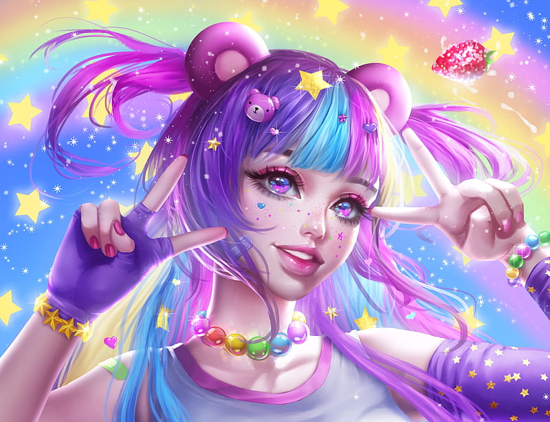 fantasy girl, smiling, purple hair, animal ears, Fantasy, HD wallpaper