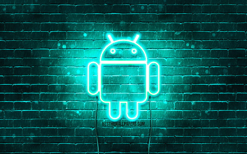 Android turquoise logo turquoise brickwall, Android logo, brands, Android neon logo, Android, HD wallpaper