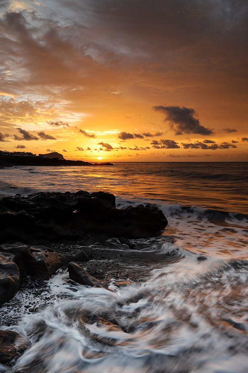 waves, blocks, horizon, sunset, HD phone wallpaper