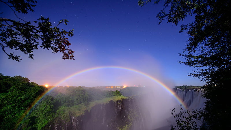 marvelous rainbow over victoria falls at night, stars, rainbow, lights, night, waterfalls, mist, HD wallpaper