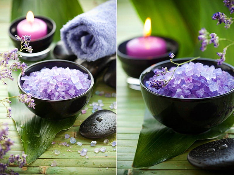 Spa, candle, rocks, bath, towel, graphy, shell, purple, calming, flowers, color, salt, violet, collages, relaxing, massage, HD wallpaper