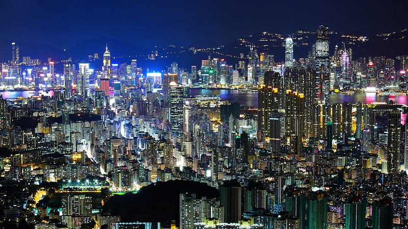 hong kong massive cityscape, hills, city, lights, night, skyscrapers, HD wallpaper