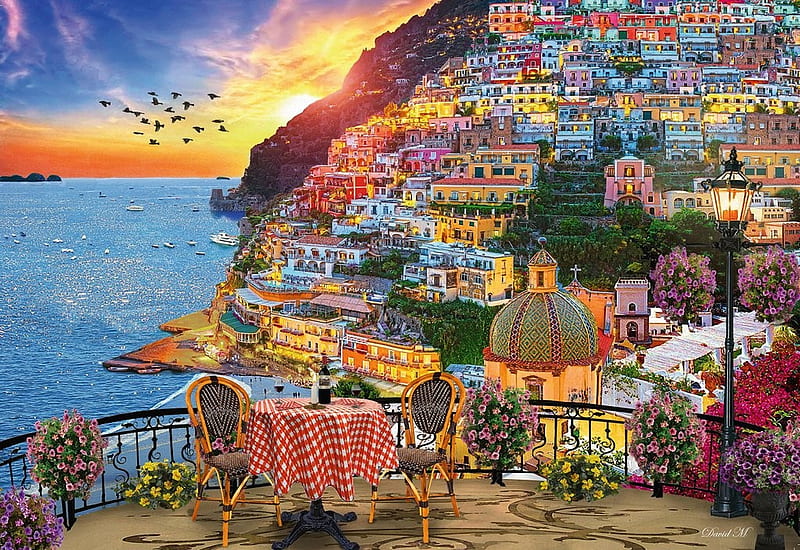 Dinner in Positano, chairs, village, sunset, italy, mediterranean, table, houses, birds, sky, artwork, amalfi, painting, HD wallpaper