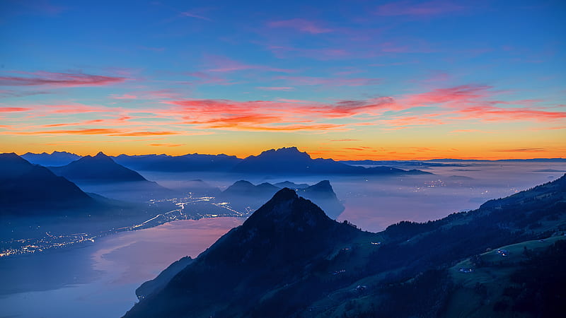 mountains, peaks, sunset, distance, HD wallpaper