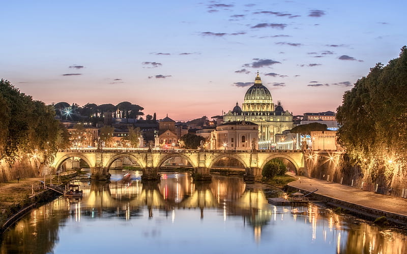Tiber, evening city, bridge, Rome, Italy, Europe, HD wallpaper