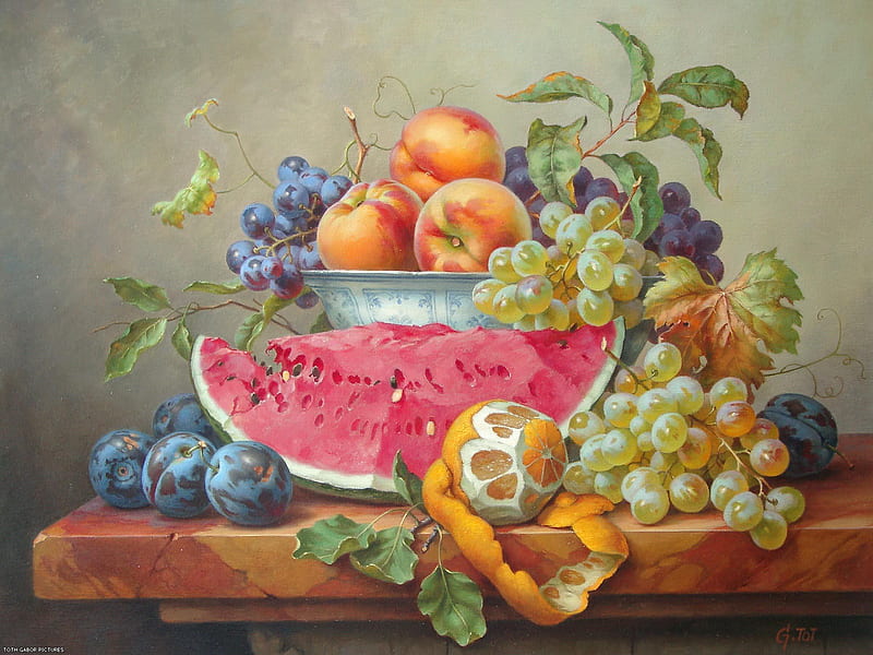 plenty of choice, fruit, grapes, tabletop, orange, watermelon, peaches, plums, HD wallpaper