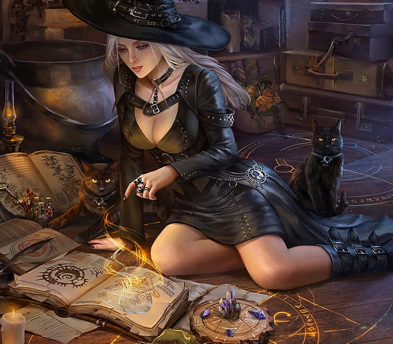 Witch apprentice, dark, halloween, hoang lap solan, hoanglapsolan, witch, frumusete, luminos, black, cat, fantasy, girl, pisici, HD wallpaper