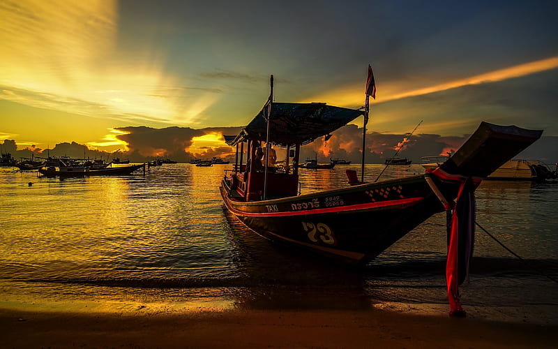 Tao Island, boat, evening, sunset, coast, Gulf of Thailand, Thailand, HD wallpaper