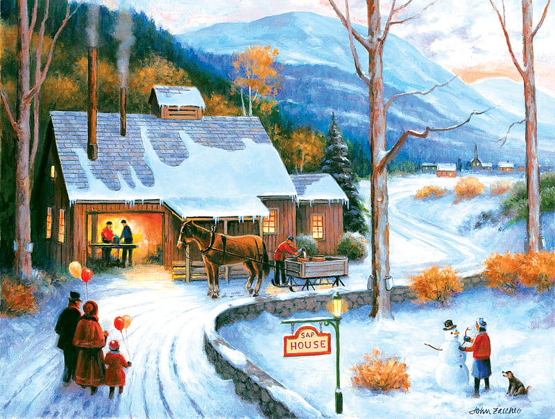 Sap House, sleigh, snow, people, village, cabin, horse, artwork, winter, painting, HD wallpaper