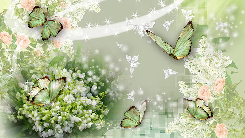 The Valley of Butterflies, stars, lily of the valley, glow, spring, roses, sparkles, delightful, green, subtle, summer, white lilac, HD wallpaper