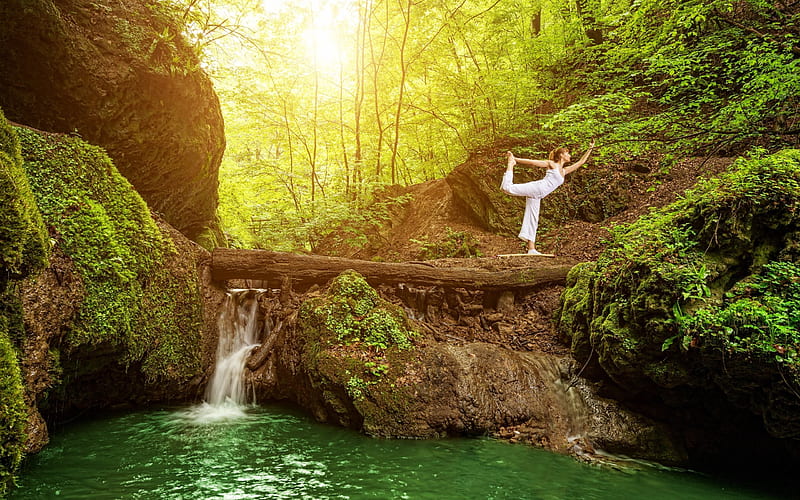 yoga, forest, waterfall, balance, beautiful nature, lake, HD wallpaper