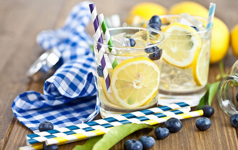 Summer drink, cocktail, yellow, lemon, fruit, glass, berry, summer, drink, white, blue, HD wallpaper