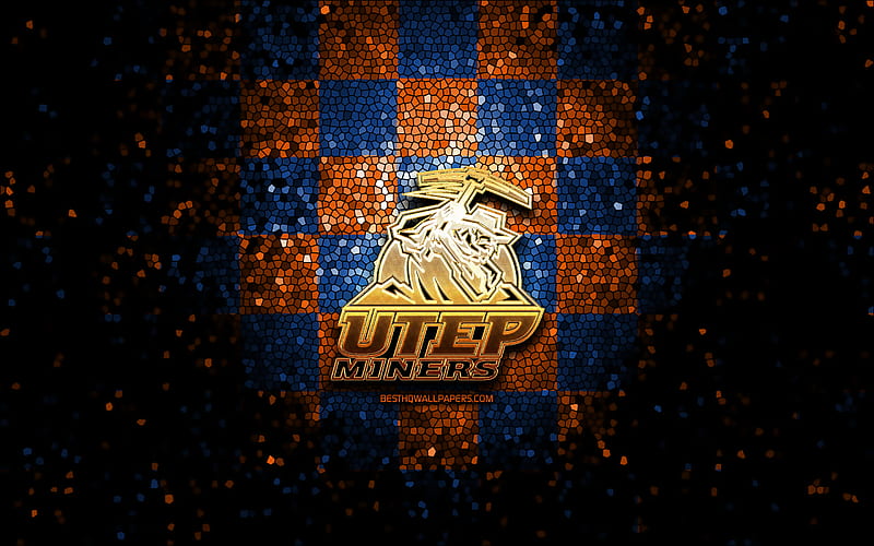 UTEP Miners, glitter logo, NCAA, blue orange checkered background, USA, american football team, UTEP Miners logo, mosaic art, american football, America, HD wallpaper