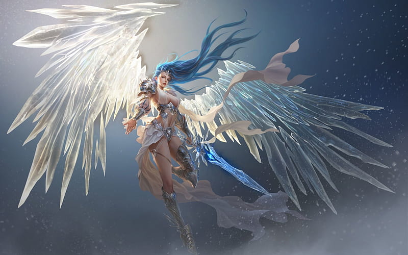 Athena, wings, luminos, angel, game, woman, fantasy, girl, white, league of angels, sword, blue, HD wallpaper