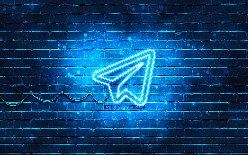 Telegram blue logo blue brickwall, Telegram logo, social networks, Telegram neon logo, Telegram, HD wallpaper