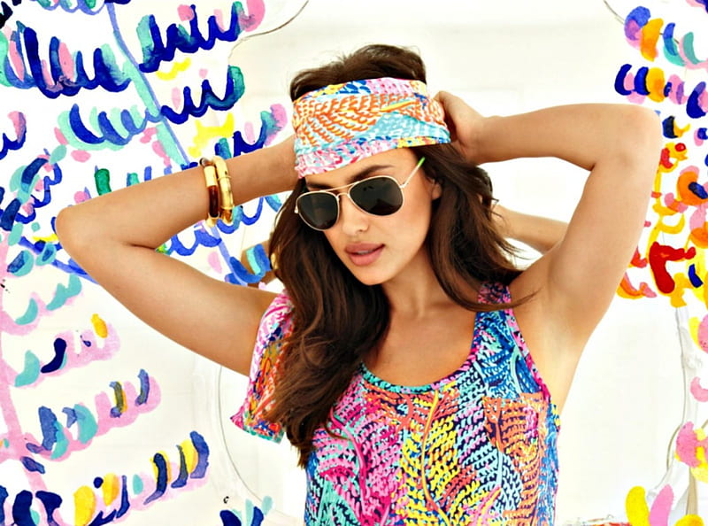 Irina Shayk, model, graffiti, woman, sunglasses, summer, white, pink, blue, HD wallpaper
