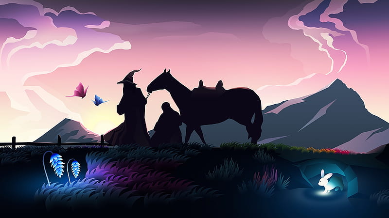 Gandalf and Frodo, hobbit, middle earth, luminos, black, frodo baggins, man, horse, silhouette, wizard, cal, fantasy, lotr, gandalf, bunny, pink, blue, HD wallpaper