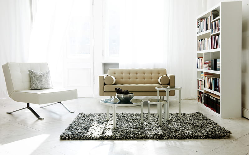 modern light interior, modern design, white leather armchair, interior of the living room, HD wallpaper