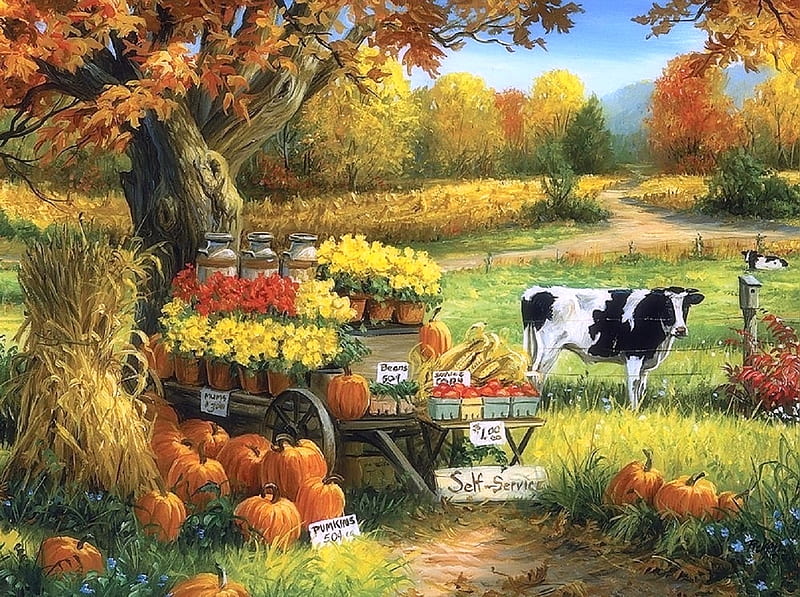 Self-service on the farm, fall season, autumn, harvest, colors, love four seasons, farms, attractions in dreams, paintings, flowers, nature, fields, animals, pumpkins, HD wallpaper