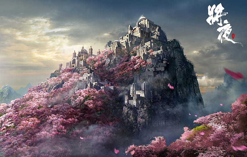 Castle, japan, flower, spring, primavara, w251914232, pink, sakura, art, fantasy, HD wallpaper