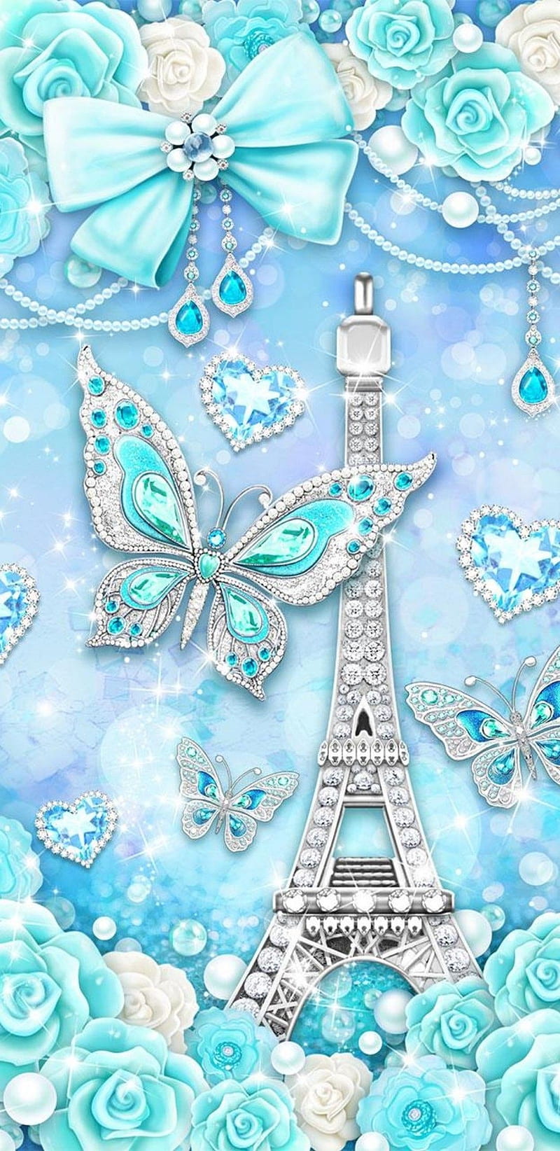 Eiffel Tower Beauty, bonito, blue, bow, butterfly, diamond, eiffel tower, girly, heart, pretty, sparkle, HD phone wallpaper