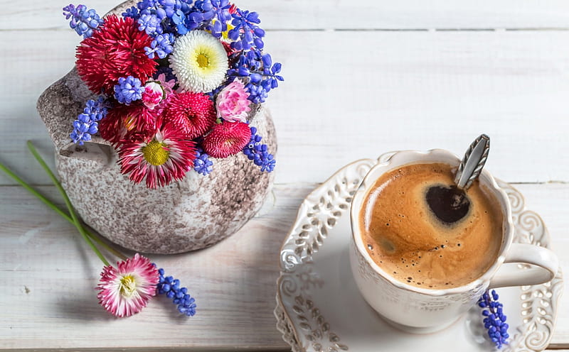 Enjoy your coffee!, red, coffee, bouquet, flower, cup, white, wood