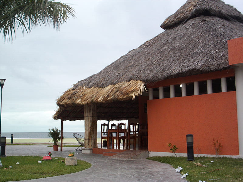 Restaurant in Campeche, architecture, sea food, food, sea, mexico, paradise, campeche, restaurante, palapa, HD wallpaper